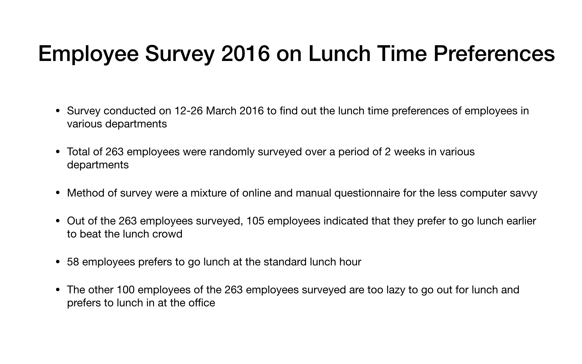 Text-heavy survey findings slide before simplification