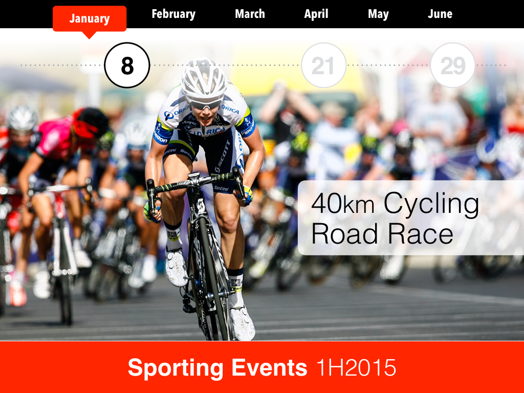 January 8 cycling road race highlighted on a January-to-June sporting-events timeline
