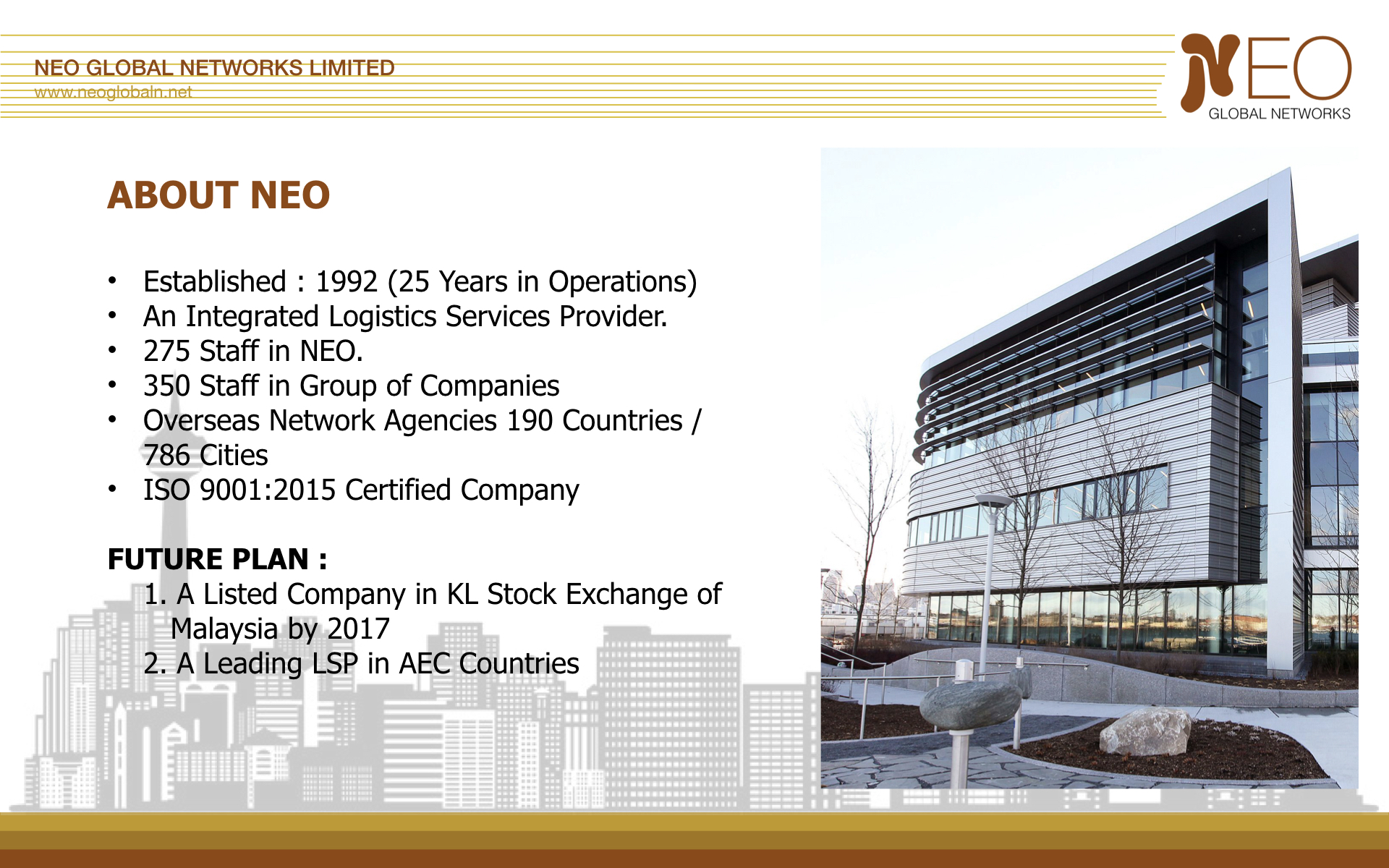 A crowded corporate profile slide combining company history, staff numbers, global reach, certification and future plans
