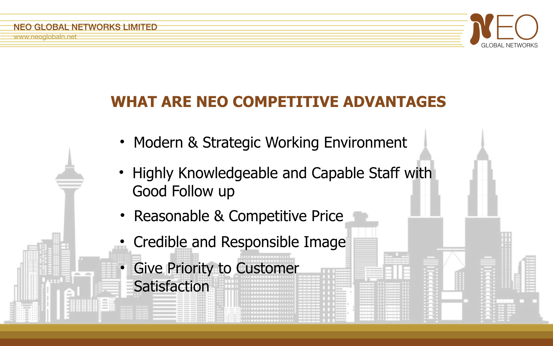 A corporate profile slide listing competitive advantages as five long bullet points