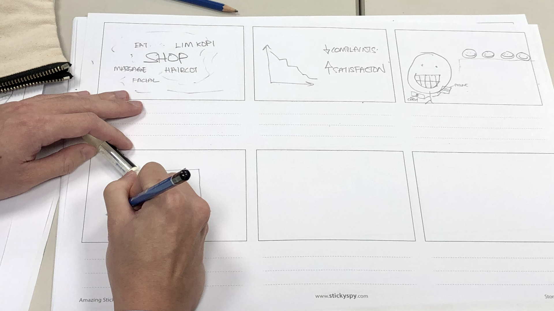 A presenter sketching words, a chart and simple visuals across six presentation storyboard boxes